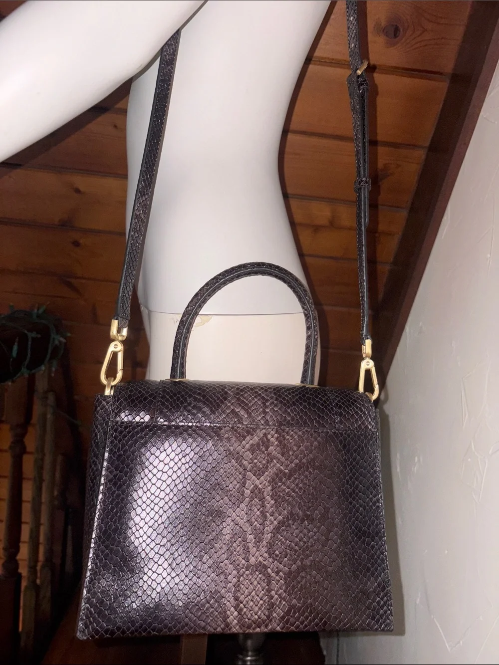 Calvin Klein Snakeskin Fern Top Handle Leather Satchel Crossbody Gold Hardware